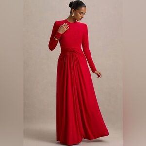 Club London ESTRELLA Red High-Neck Maxi Dress With Ruched Detailing